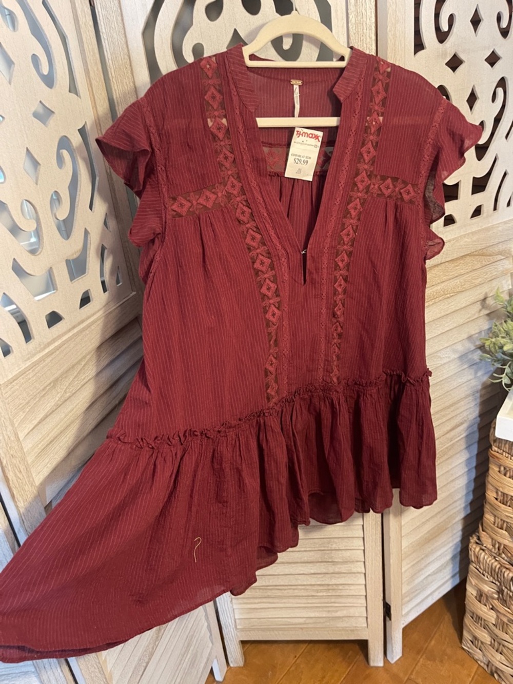 Free People Burgundy Embroidered V-Neck Ruffle Tunic
